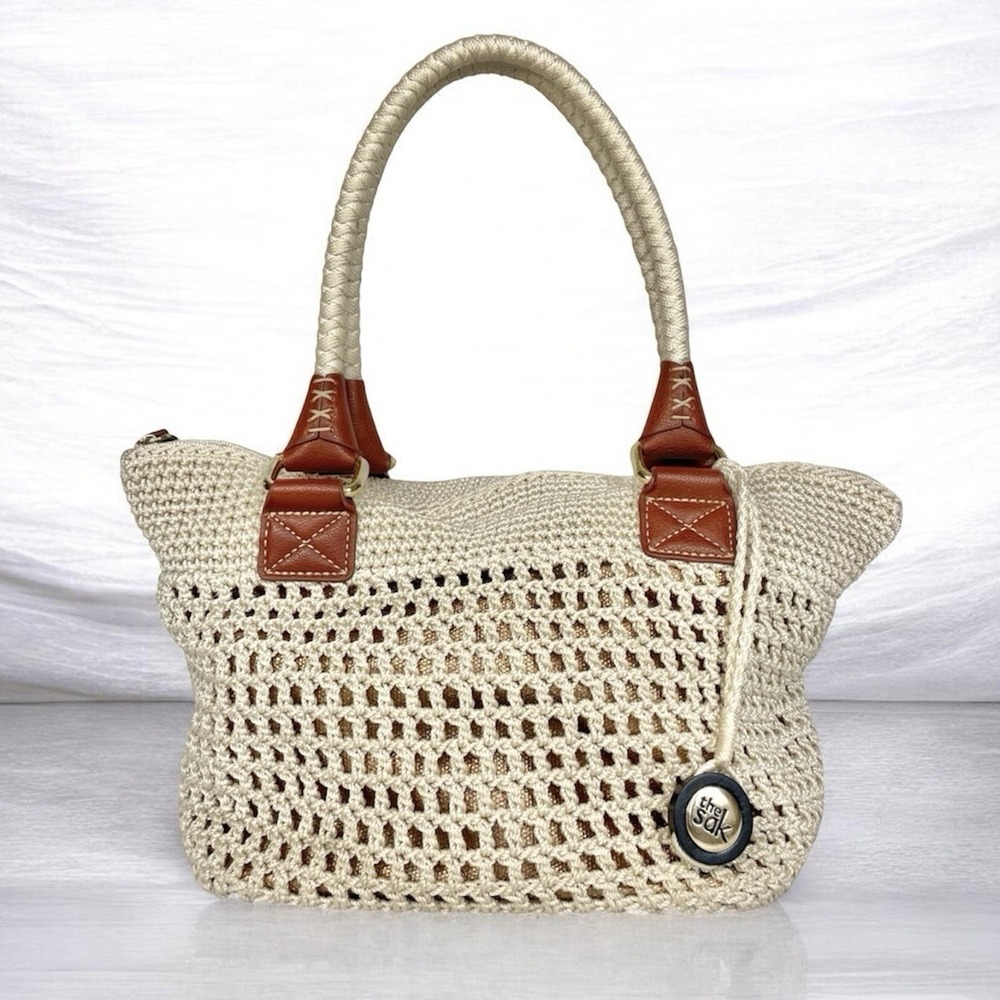 The Sak Cambria Crochet Tote Bag Gold Lined Boho Woven Shoulder Purse - Picture 5 of 13
